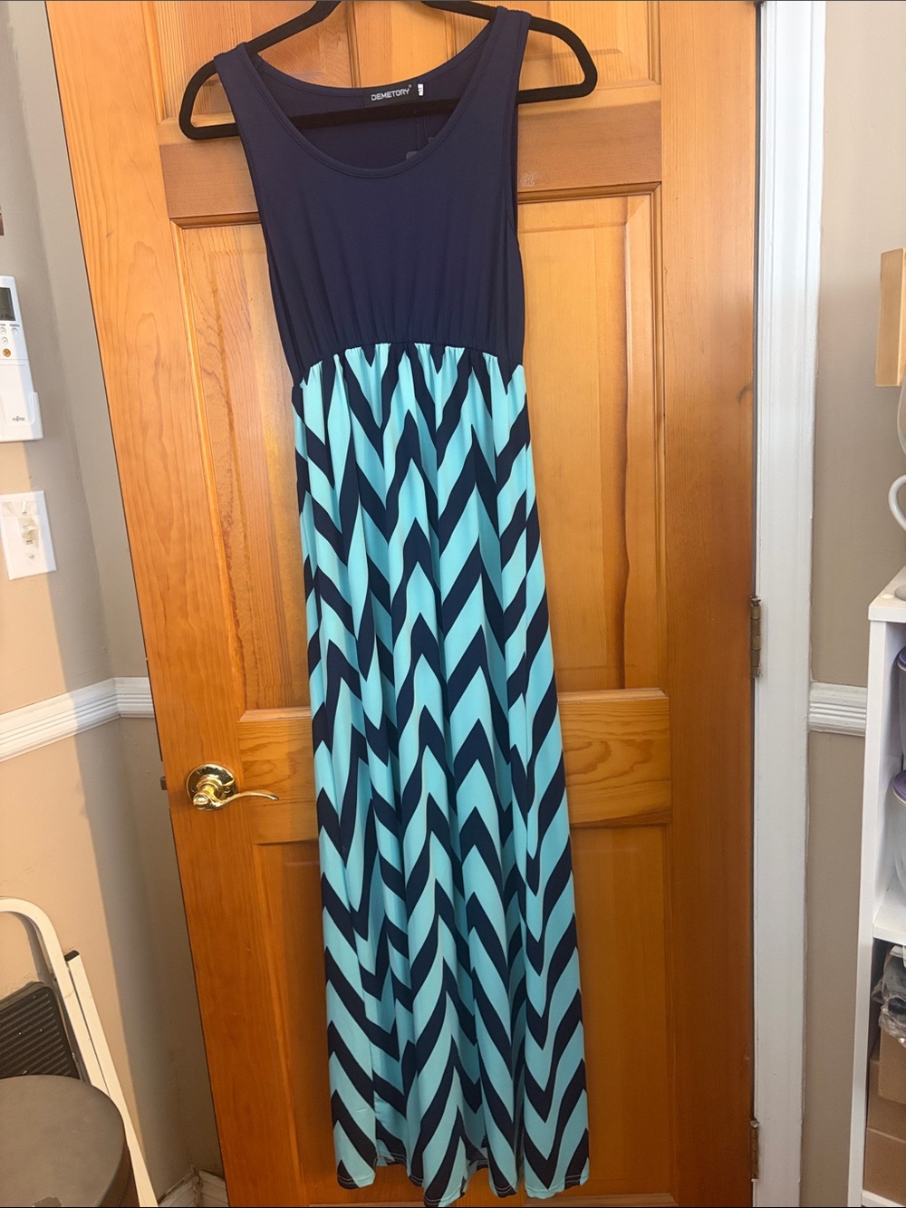 Demetory Navy and Aqua Chevron Maxi Dress